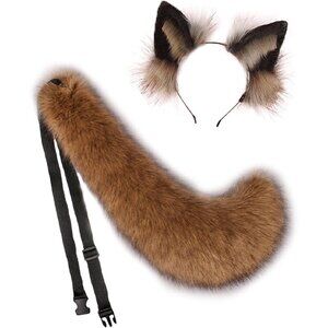 ⚡Brown Comic Fox Cat Dog Wolf Tail and Ears Headband Hairband Set Halloween